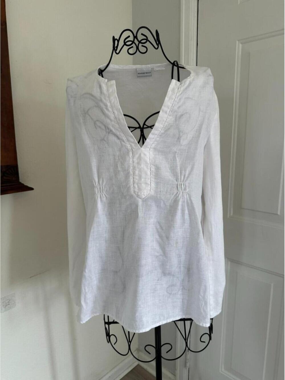 Newport News White 100% Linen Embroidered Tunic Blouse Sz 6